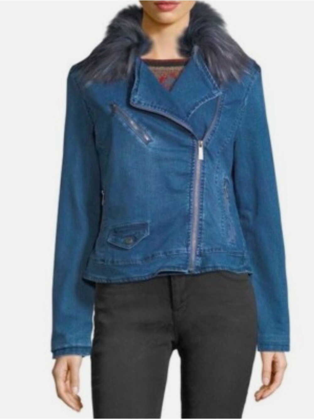 Nanette Lepore Blue Denim Moto Jacket with Faux-Fur Collar